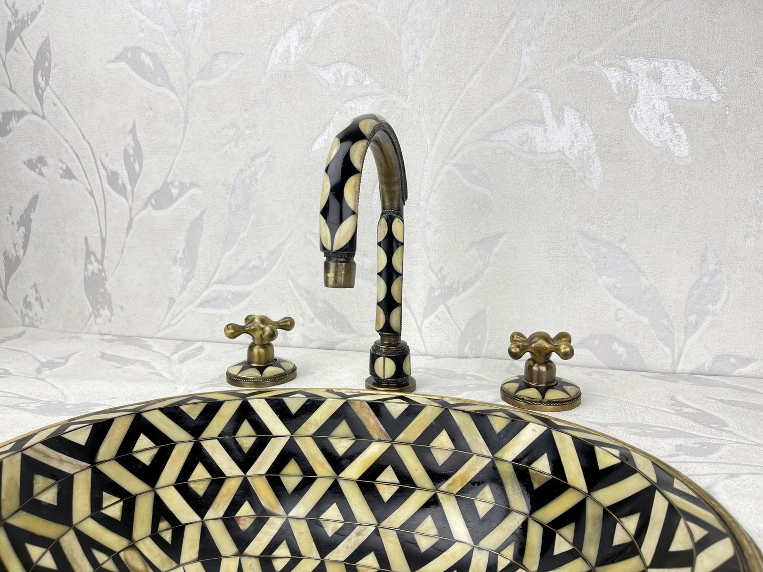 Handmade Brass Faucet & Sink Set - Resin & Bone Details Bronze Finish