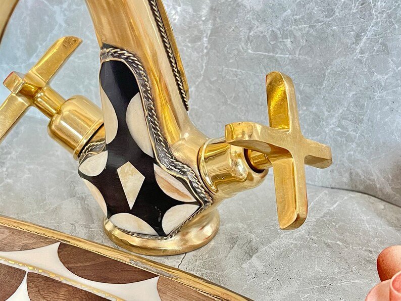 Handmade Brass Bathroom Faucet Wall Mount Brass Tap with Geometric Inlay Design