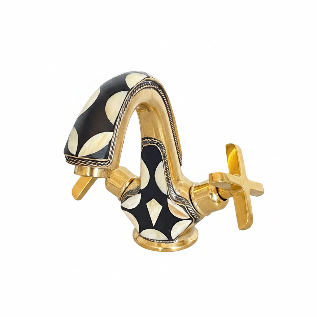 Handmade Brass Bathroom Faucet Wall Mount Brass Tap with Geometric Inlay Design