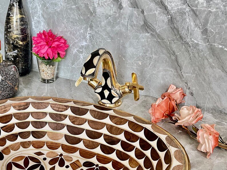 Handmade Brass Bathroom Faucet Wall Mount Brass Tap with Geometric Inlay Design