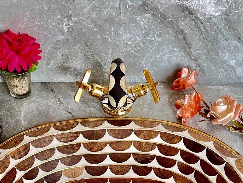 Handmade Brass Bathroom Faucet Wall Mount Brass Tap with Geometric Inlay Design