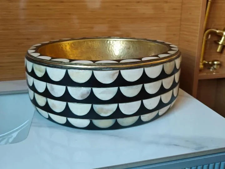 Handmade Brass Vessel Sink with Inlay Decorative Round Basin