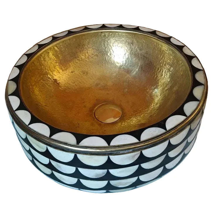 Handmade Brass Vessel Sink with Inlay Decorative Round Basin