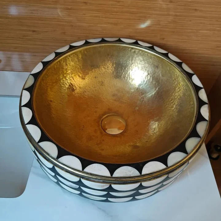 Handmade Brass Vessel Sink with Inlay Decorative Round Basin