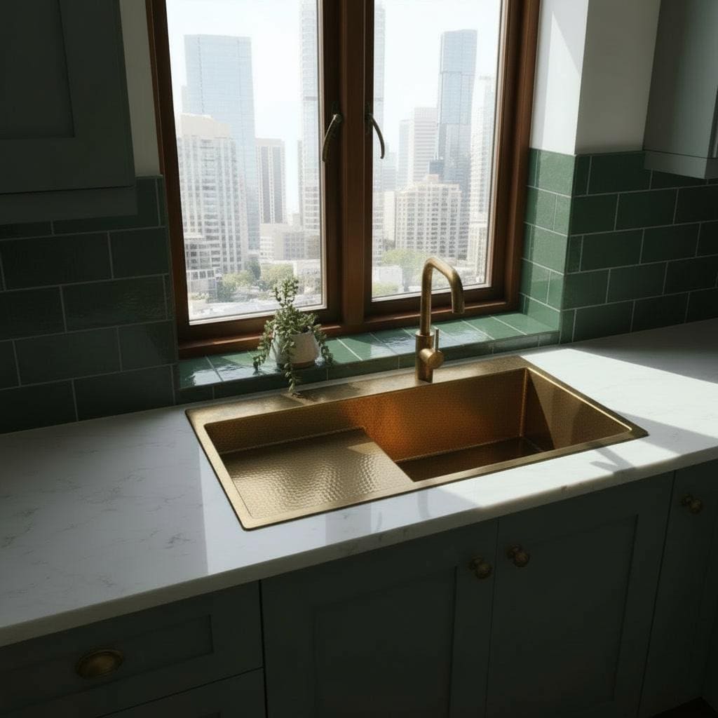 Handmade Brass Kitchen Sink with Drainboard - Hammered Gold Basin