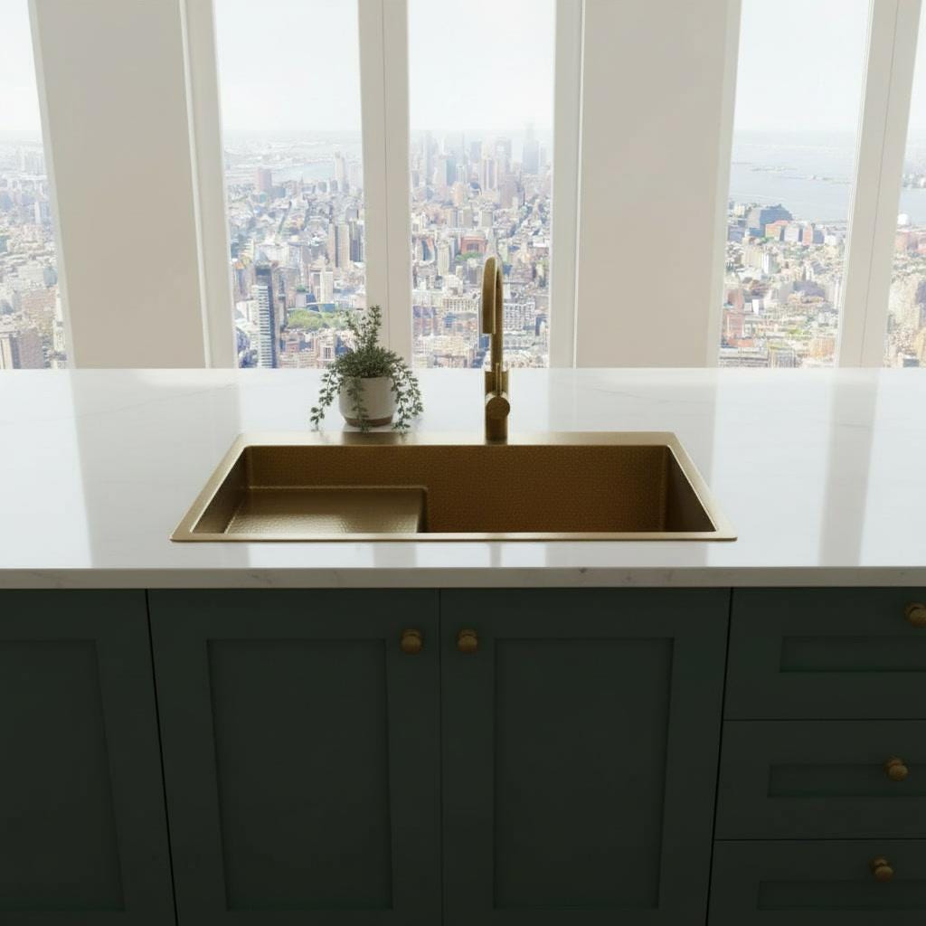 Handmade Brass Kitchen Sink with Drainboard - Hammered Gold Basin