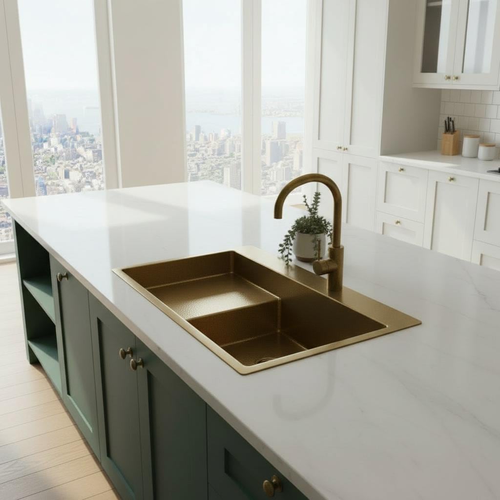 Handmade Brass Kitchen Sink with Drainboard - Hammered Gold Basin