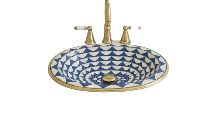 Handmade Brass Sink with Blue and White Geometric Design