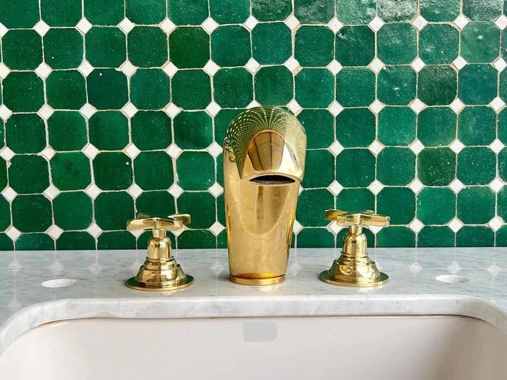 Handmade Brass Widespread Bathroom Faucet – Curved Spout with Cross Handles