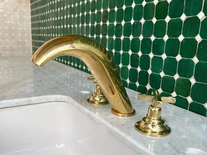 Handmade Brass Widespread Bathroom Faucet – Curved Spout with Cross Handles