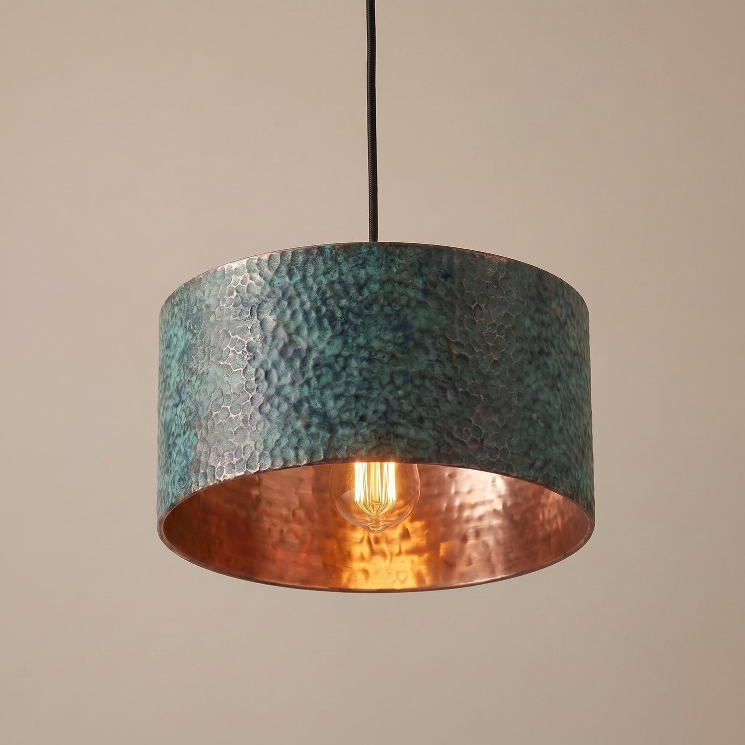 Handmade Copper Dome Pendant Light: Green Patina, Rustic Artisan Lighting