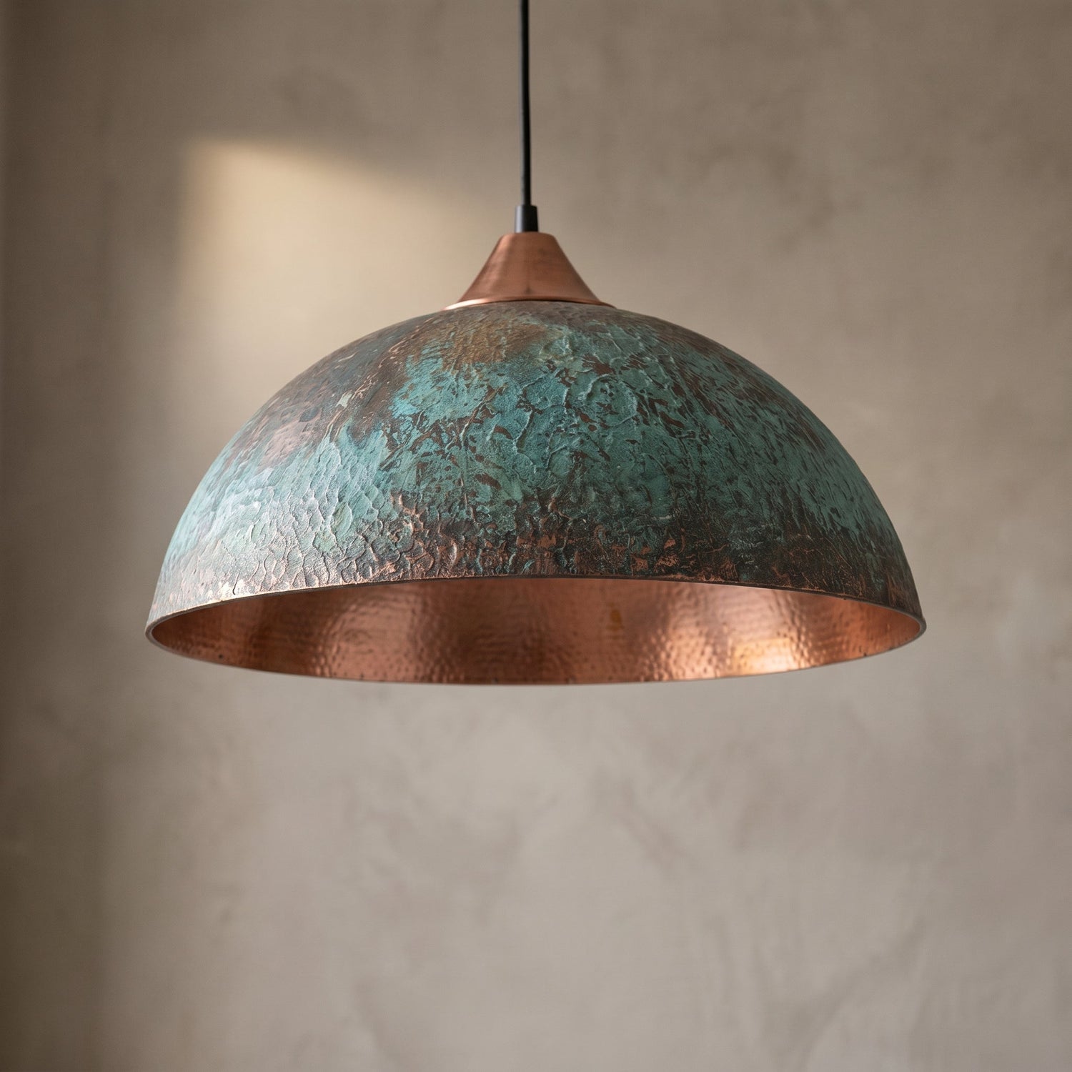 Handmade Copper Dome Pendant Light - Green Patina & Rustic Artisan Lighting