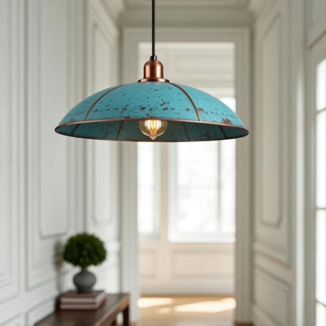 Handmade Copper Dome Pendant Light: Rustic Blue Patina, Industrial Lighting