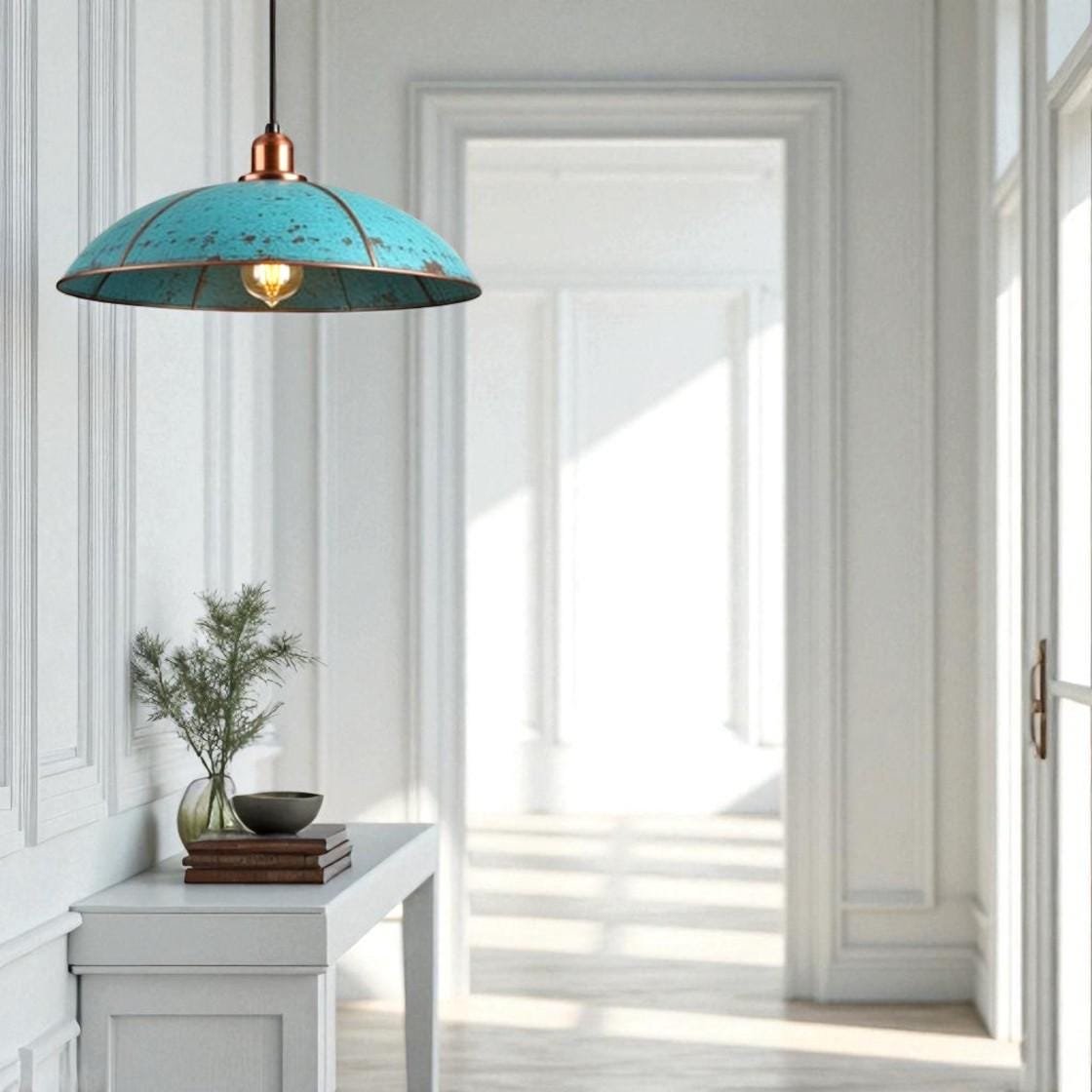 Handmade Copper Dome Pendant Light: Rustic Blue Patina, Industrial Lighting