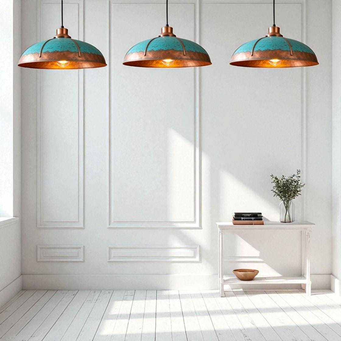 Handmade Copper Dome Pendant Light: Rustic Turquoise Patina, Industrial Decor