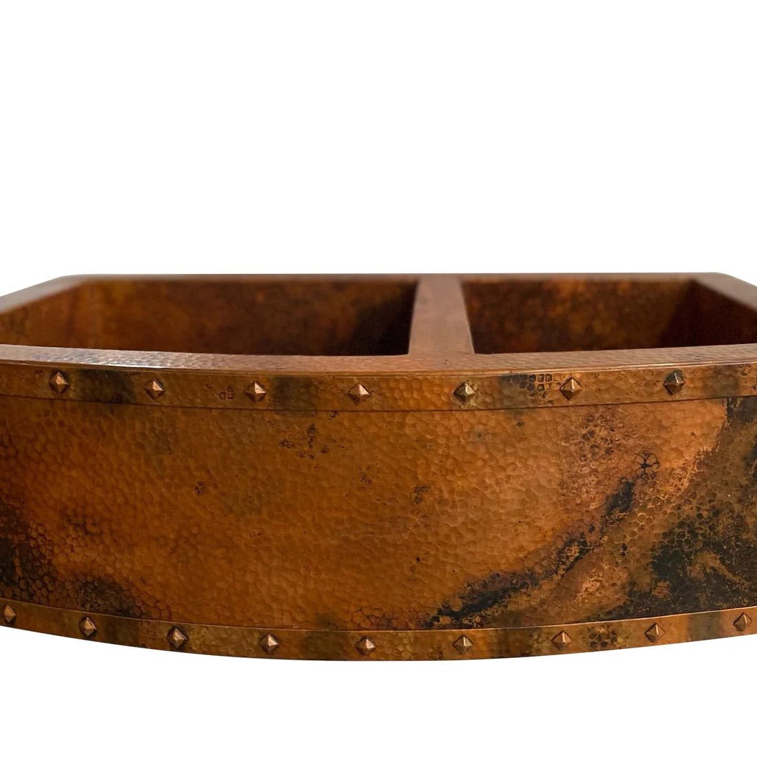 Handmade Copper Double Bowl Farmhouse Kitchen Sink with Apron Front and Decorative Rivets
