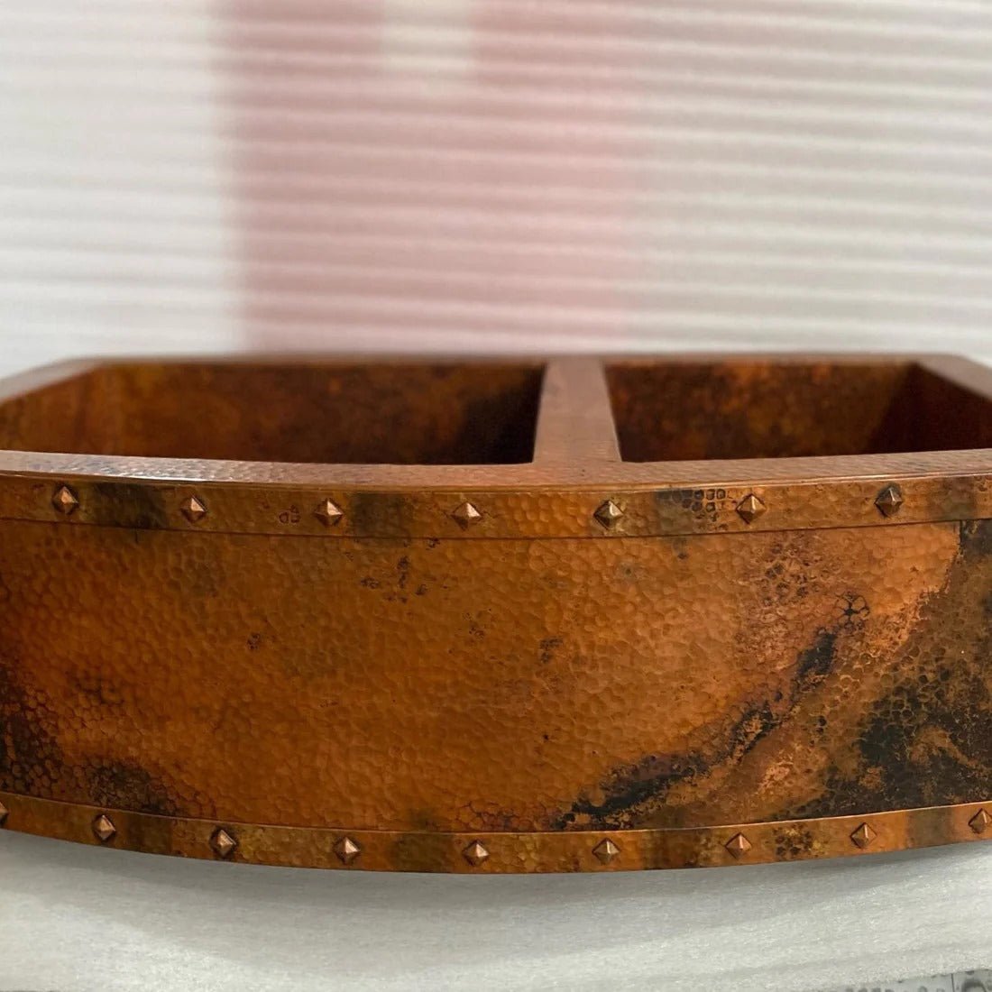 Handmade Copper Double Bowl Farmhouse Kitchen Sink with Apron Front and Decorative Rivets