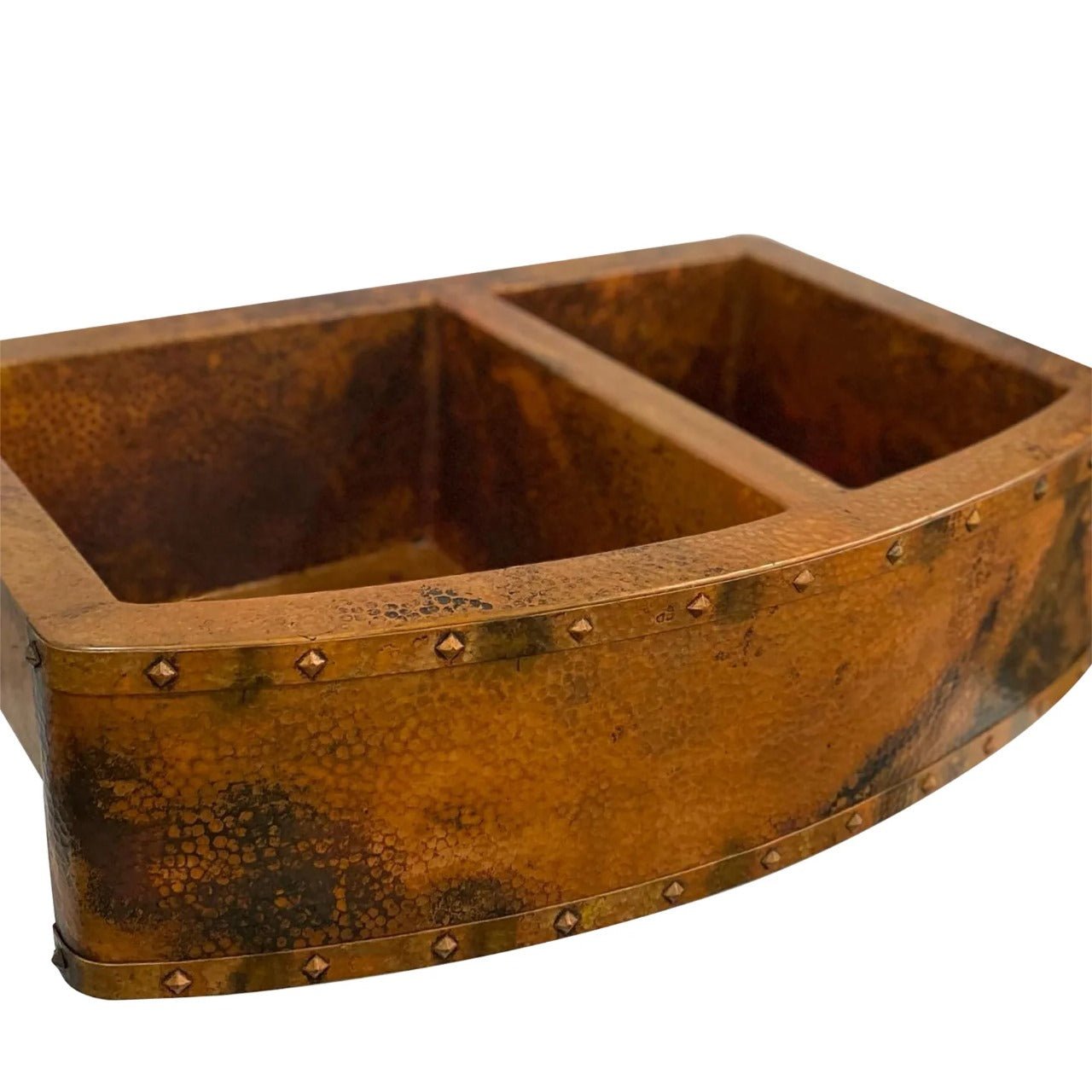 Handmade Copper Double Bowl Farmhouse Kitchen Sink with Apron Front and Decorative Rivets