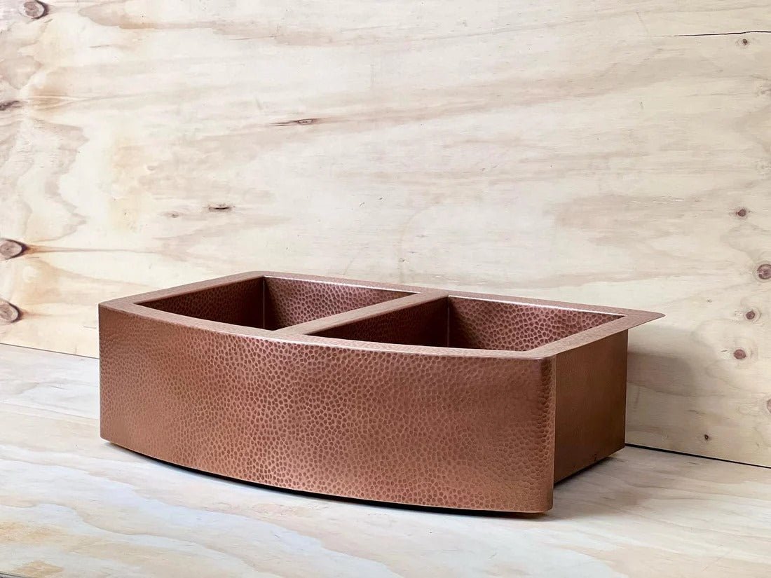 Handmade Copper Farmhouse Double Bowl Sink with Integrated Drainboard