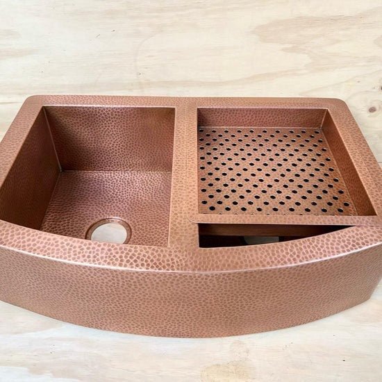 Handmade Copper Farmhouse Double Bowl Sink with Integrated Drainboard