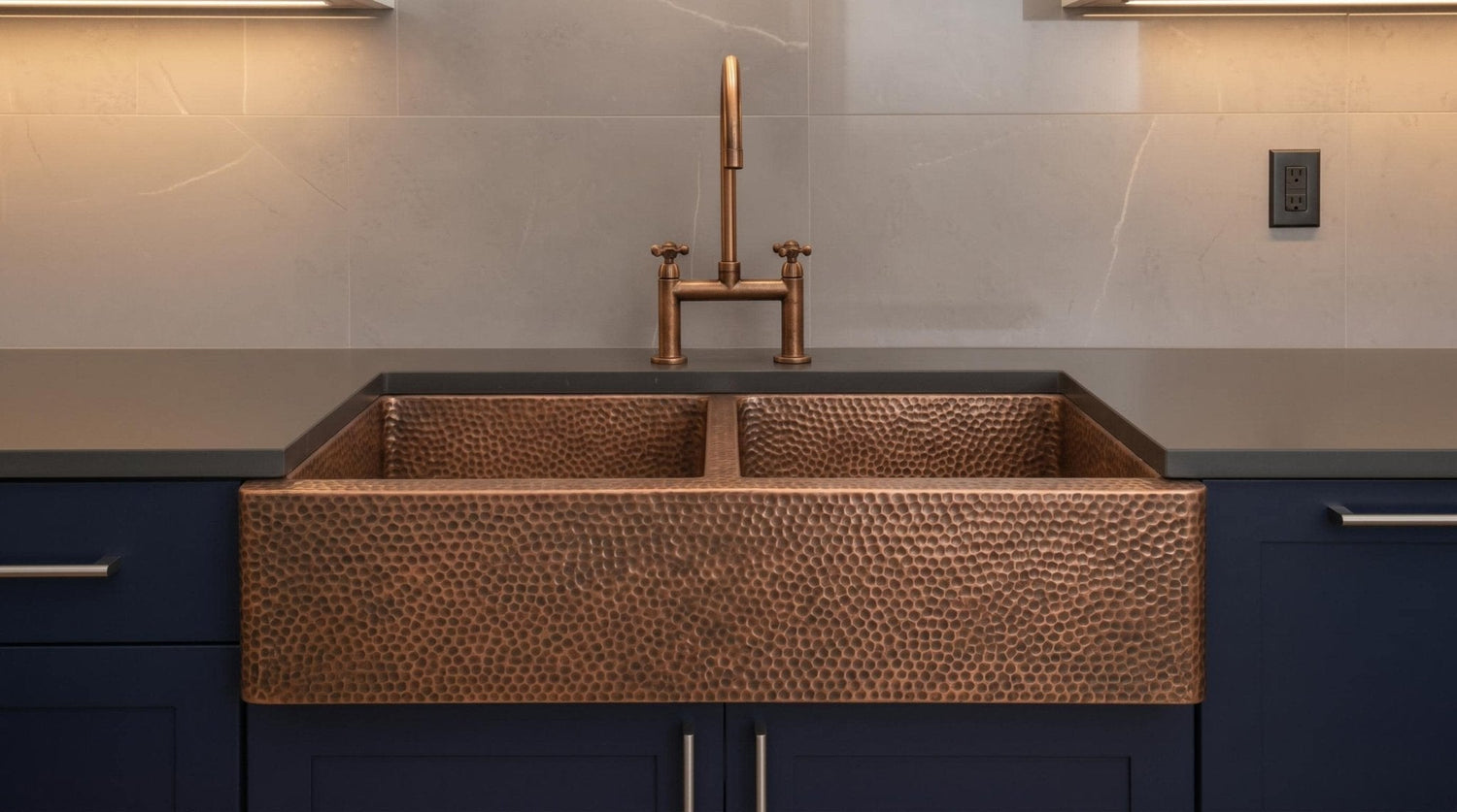 Handmade Copper Farmhouse Sink, Double Bowl Kitchen basin, Hammered Moroccan Apron Front, Custom Luxury Kitchen Renovation