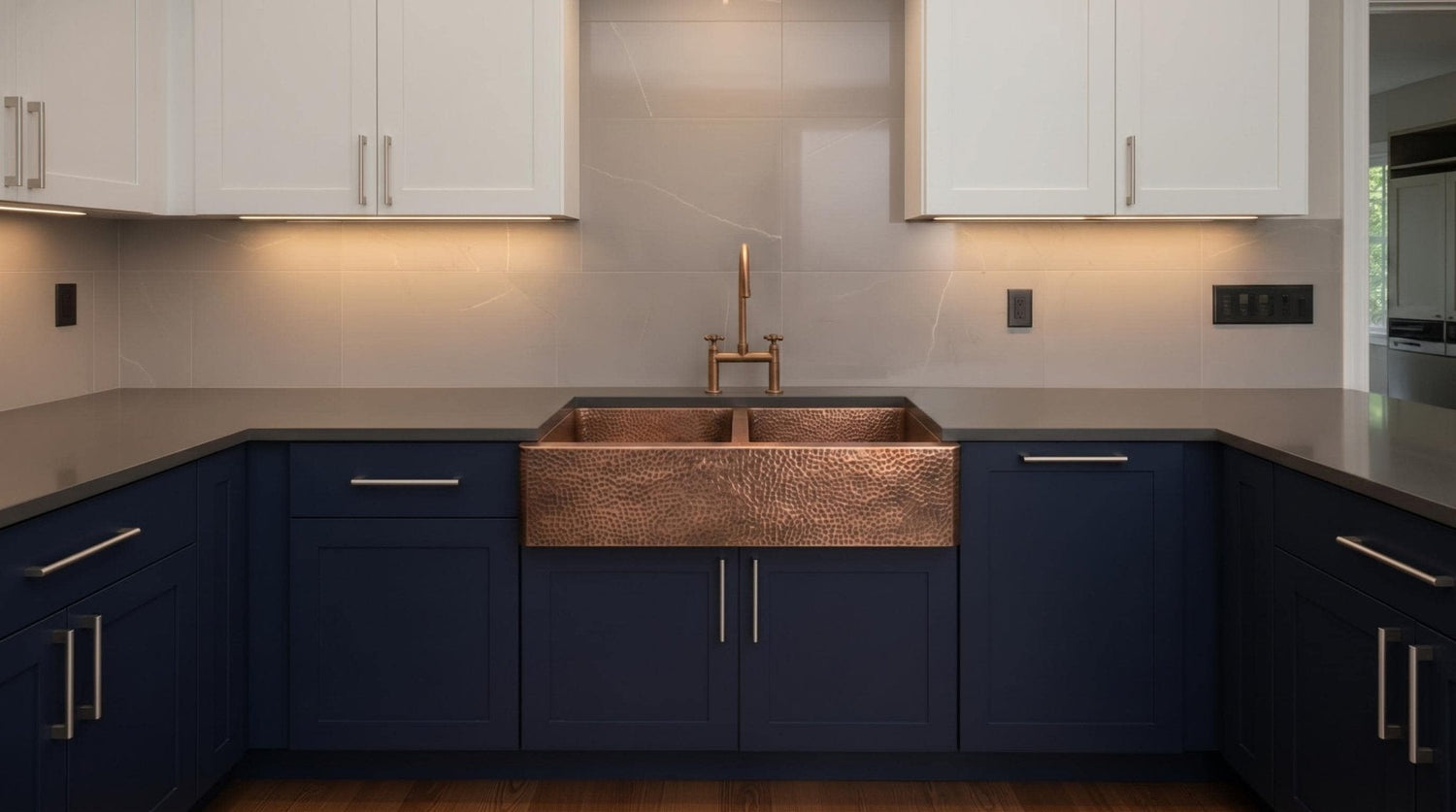 Handmade Copper Farmhouse Sink, Double Bowl Kitchen basin, Hammered Moroccan Apron Front, Custom Luxury Kitchen Renovation