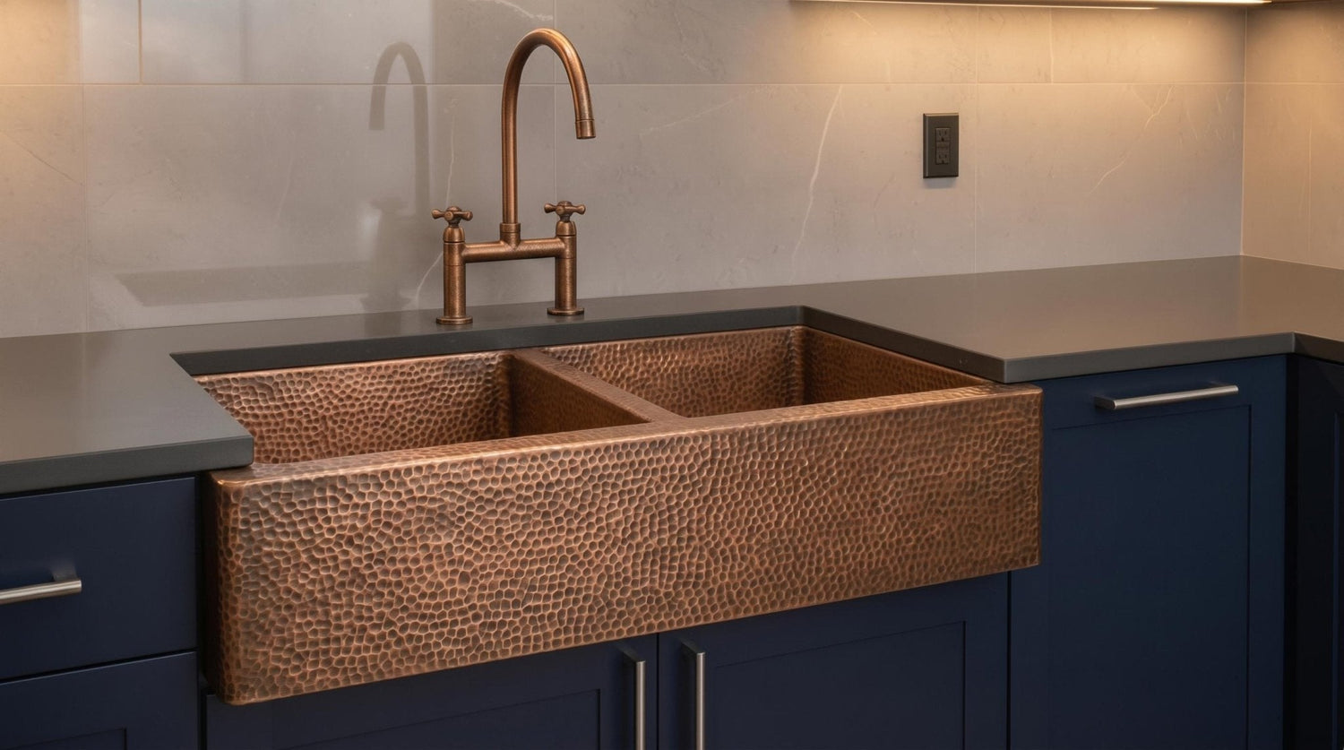 Handmade Copper Farmhouse Sink, Double Bowl Kitchen basin, Hammered Moroccan Apron Front, Custom Luxury Kitchen Renovation