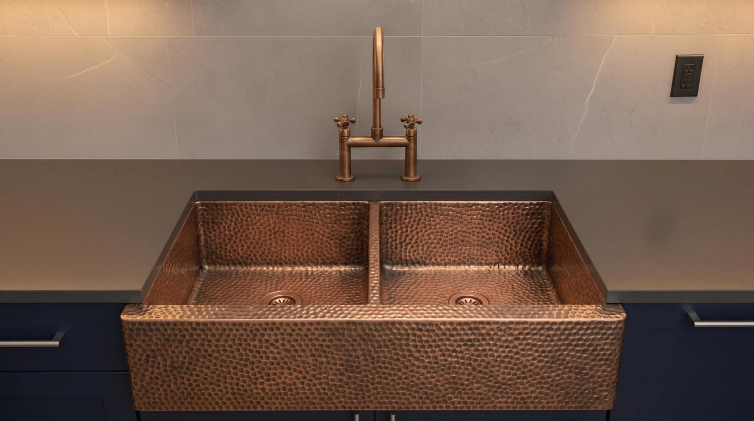 Handmade Copper Farmhouse Sink, Double Bowl Kitchen basin, Hammered Moroccan Apron Front, Custom Luxury Kitchen Renovation