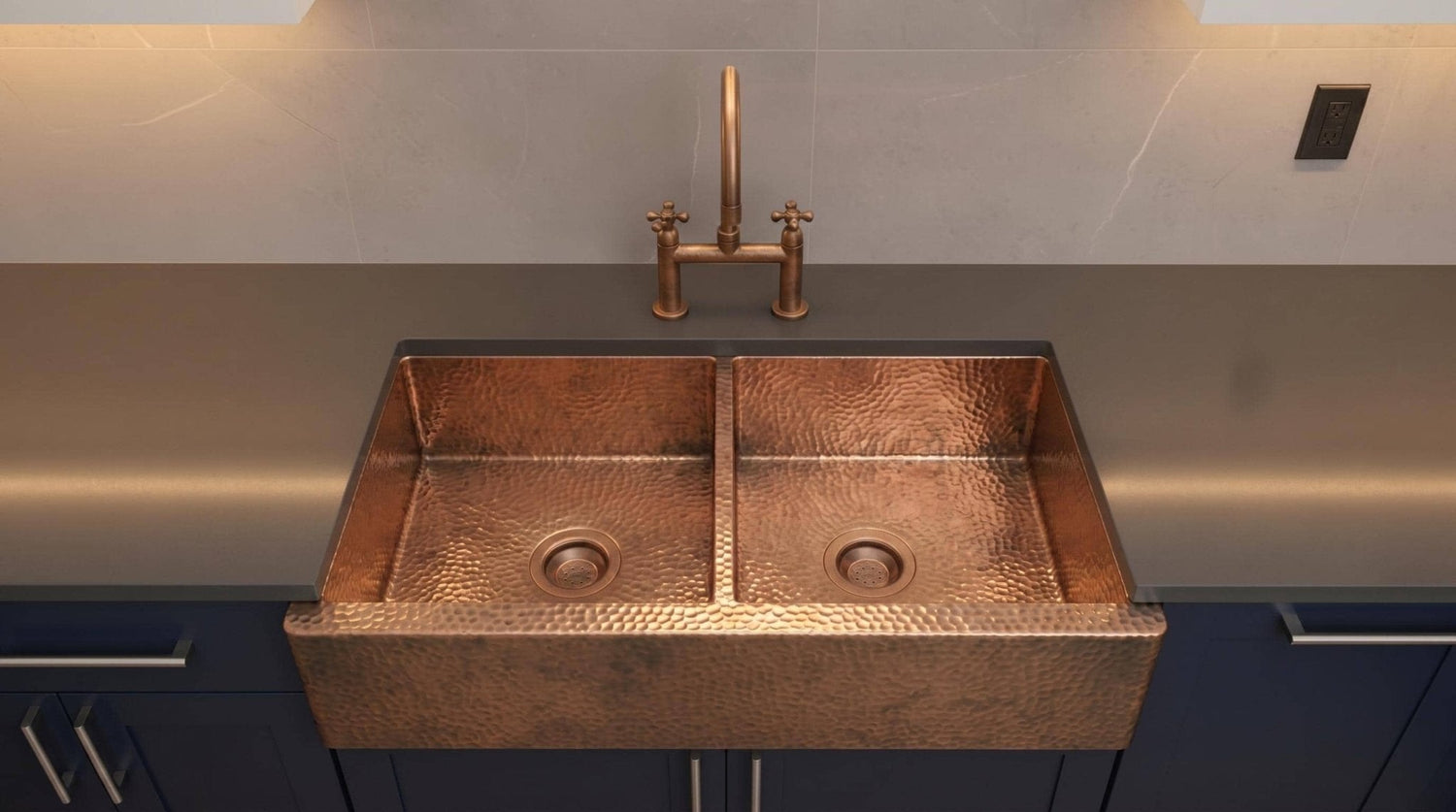 Handmade Copper Farmhouse Sink, Double Bowl Kitchen basin, Hammered Moroccan Apron Front, Custom Luxury Kitchen Renovation
