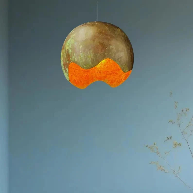 Handmade Copper Patina Pendant Light - Artistic Wave Cut Globe Lamp