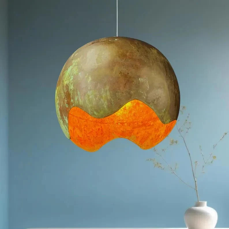 Handmade Copper Patina Pendant Light - Artistic Wave Cut Globe Lamp