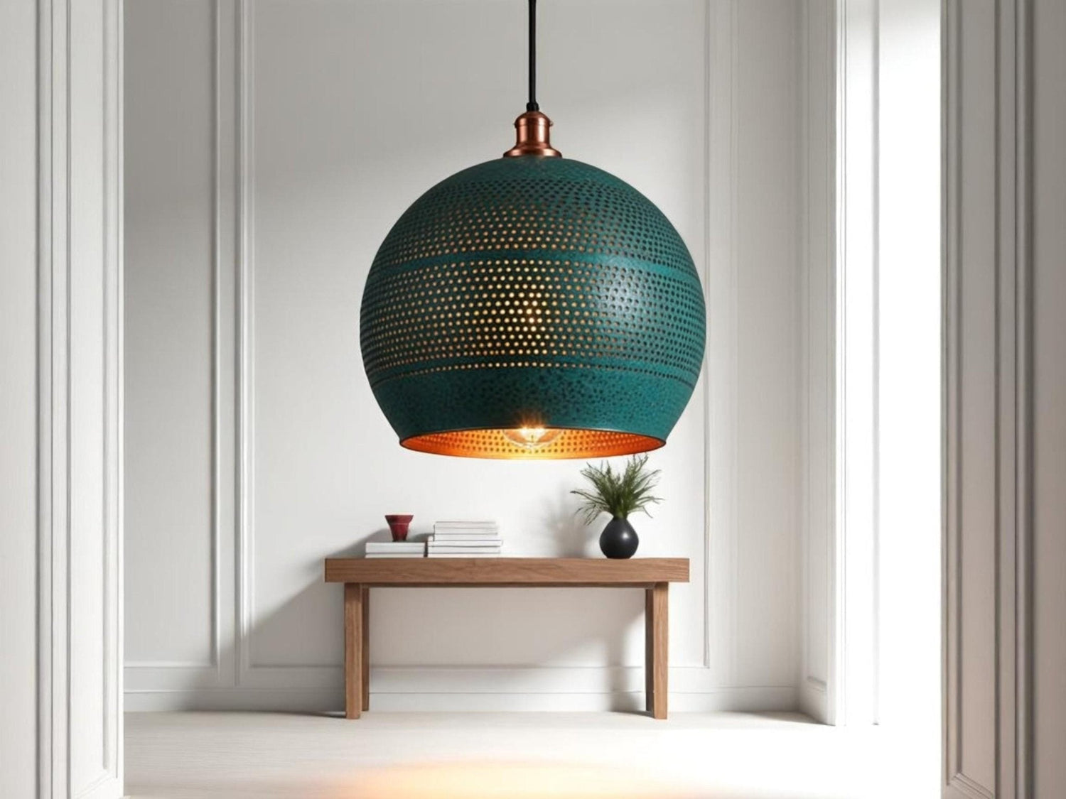 Handmade Copper Patina Pendant Light: Moroccan Sphere Lamp