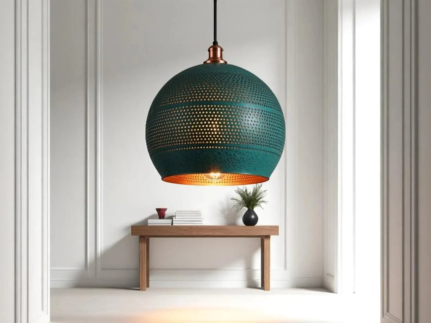 Handmade Copper Patina Pendant Light - Moroccan Sphere Lamp