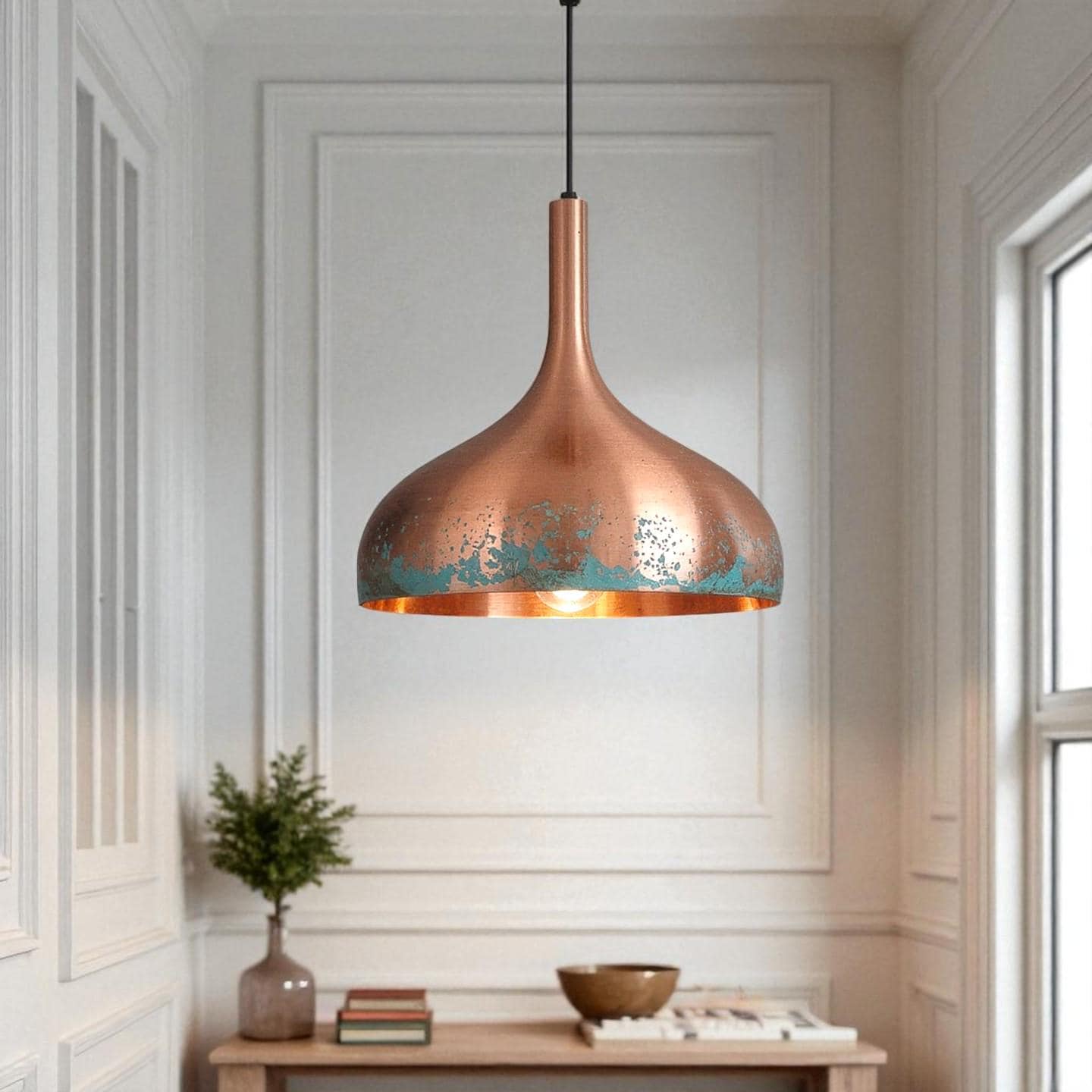 Handmade Copper Patina Pendant Light: Rustic Industrial Ceiling Lamp