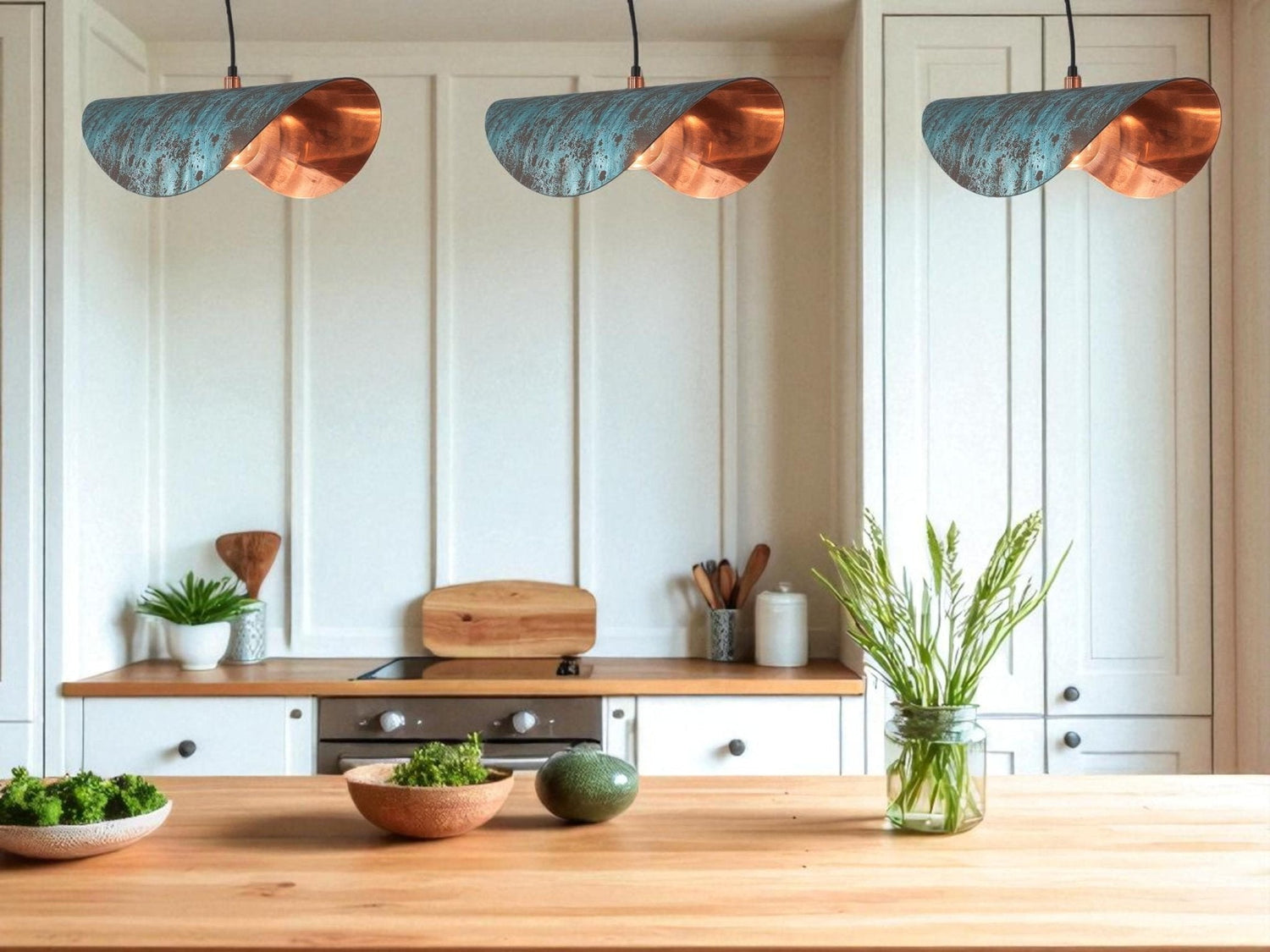 Handmade Copper Patina Pendant Light: Wavy Industrial Hanging Lamp