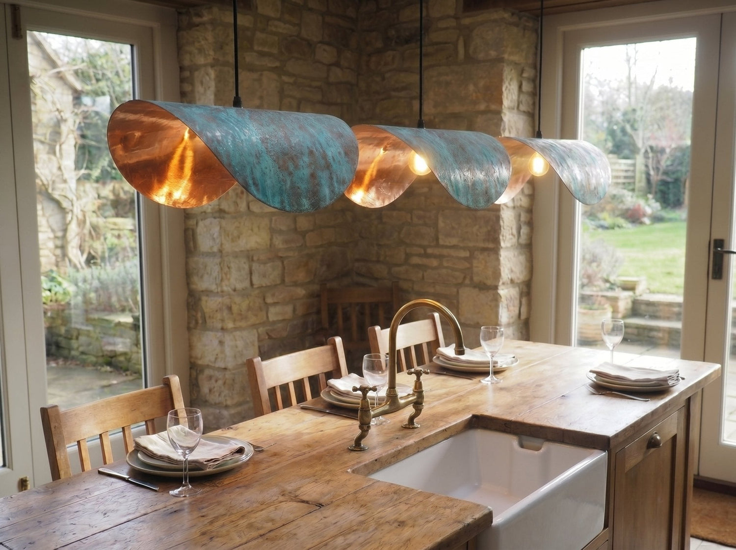 Handmade Copper Patina Pendant Light - Wavy Industrial Hanging Lamp