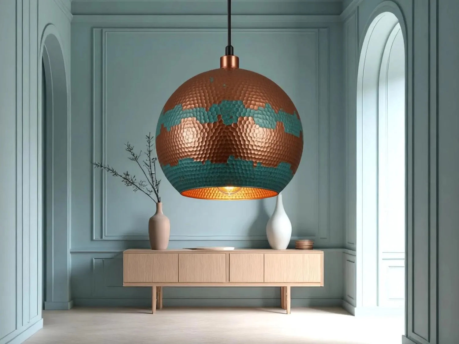 Handmade Copper Pendant Light - Green Patina Moroccan Dome Lamp