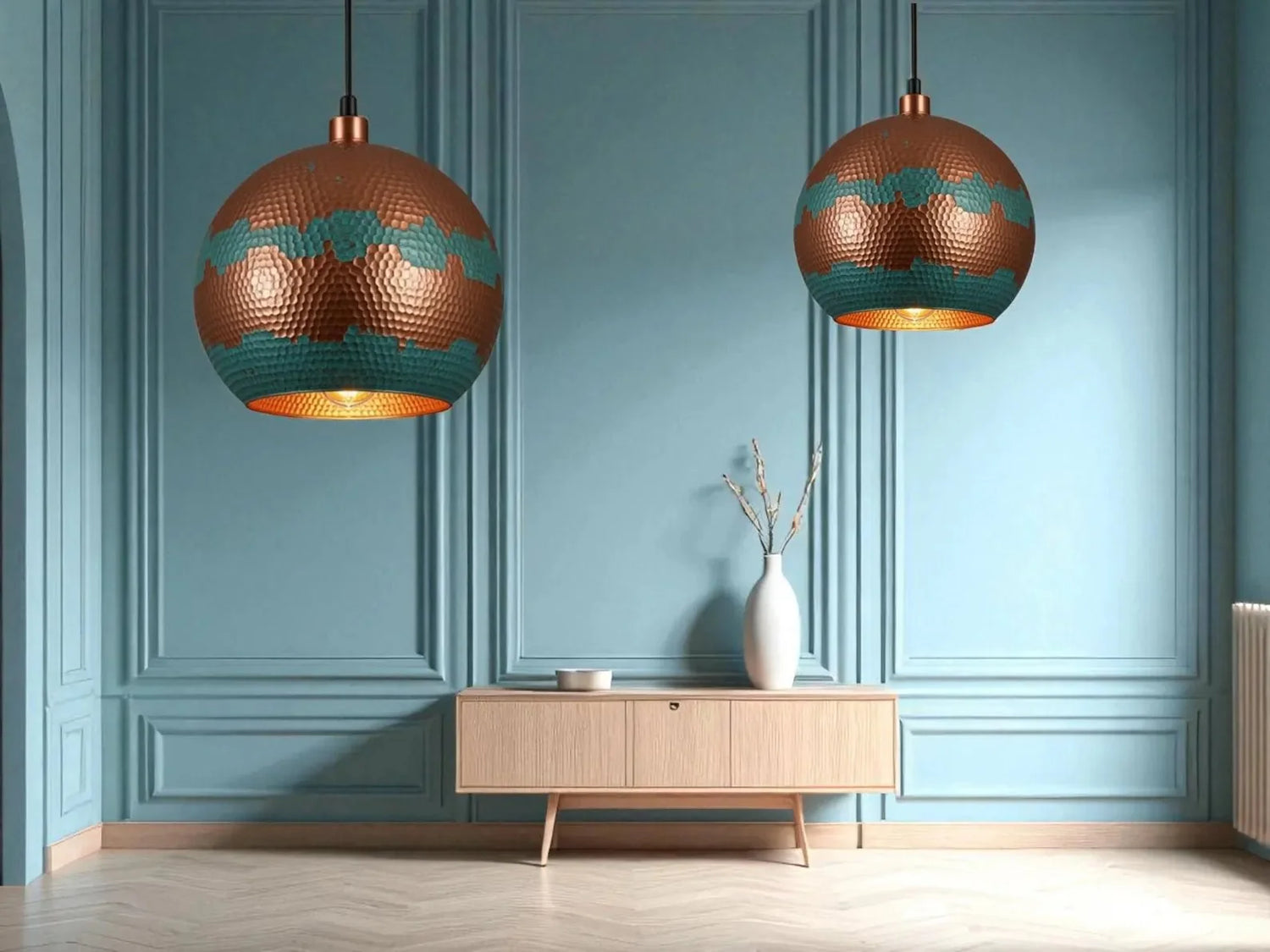 Handmade Copper Pendant Light - Green Patina Moroccan Dome Lamp