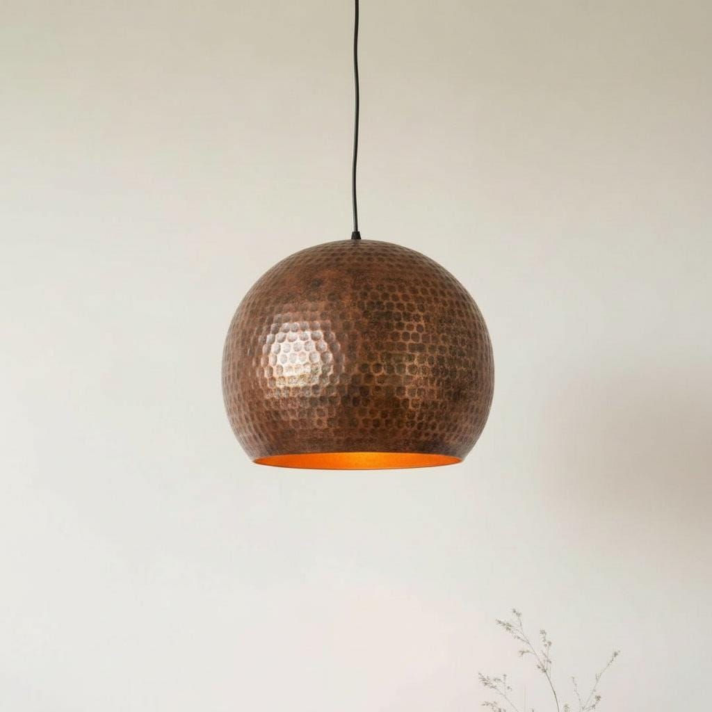 Handmade Copper Pendant Light - Hammered Dome Ceiling Fixture - Rustic Farmhouse Kitchen Island Chandelier - Modern Industrial Lighting