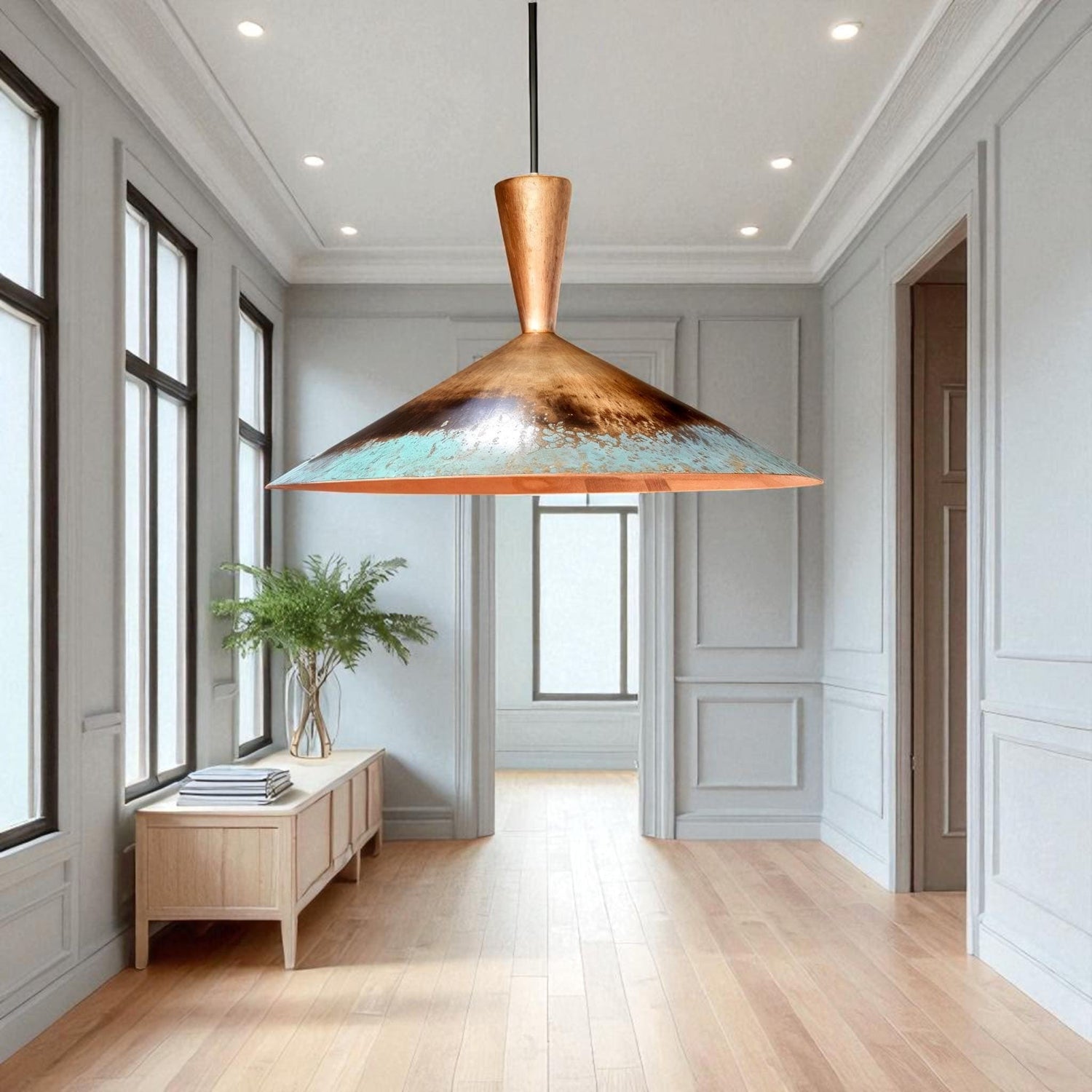 Handmade Copper Pendant Light: Rustic Patina Dome Lamp, Industrial Lighting