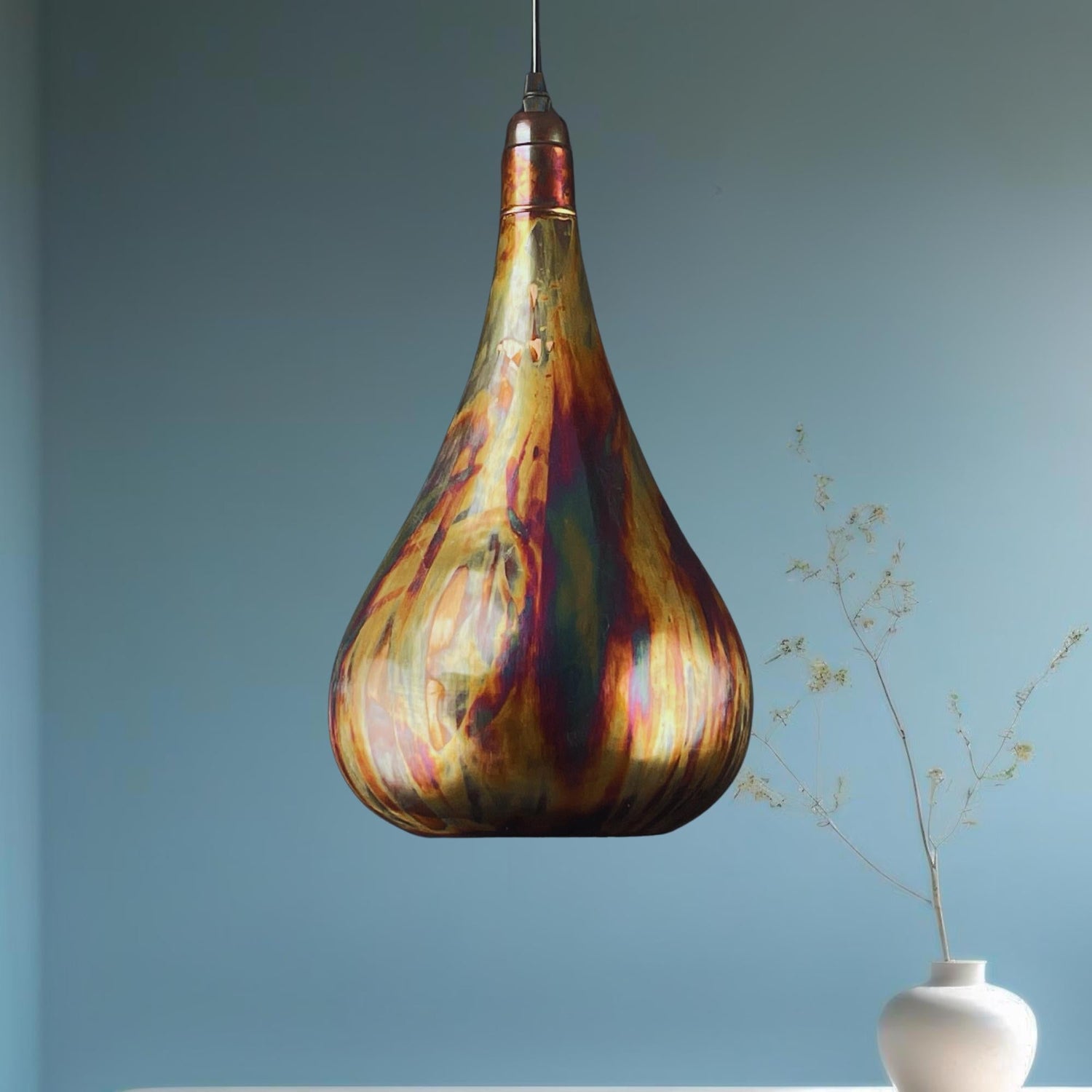 Handmade Copper Teardrop Pendant Light: Rustic Patina Ceiling Lamp