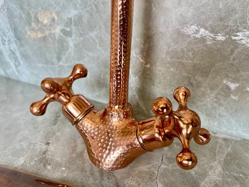Handmade Copper Wall Mount Faucet with Double Handles | Rustic Copper Faucet