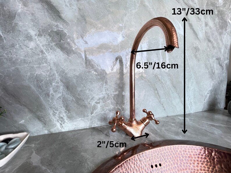 Handmade Copper Wall Mount Faucet with Double Handles | Rustic Copper Faucet
