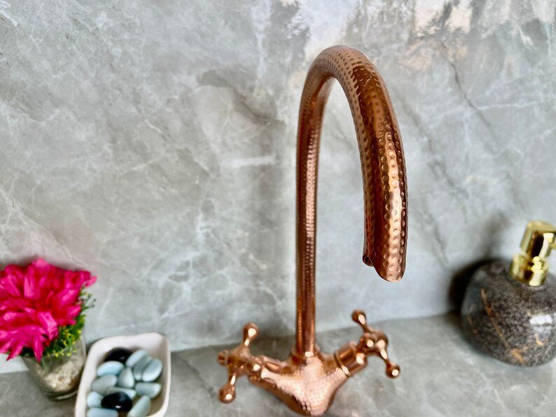 Handmade Copper Wall Mount Faucet with Double Handles | Rustic Copper Faucet