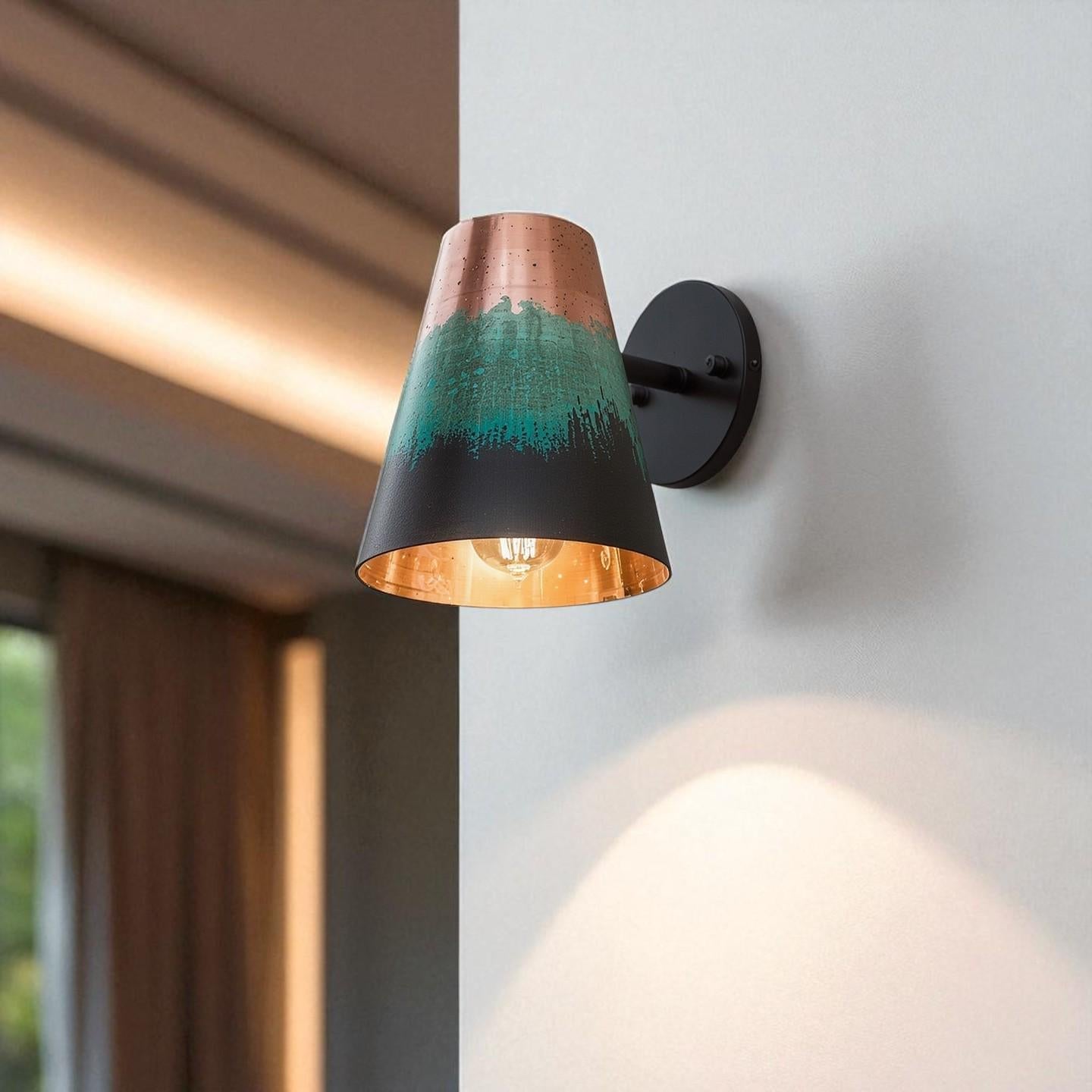 Handmade Copper Wall Sconce Patina Finish - Rustic Modern Artisan Light