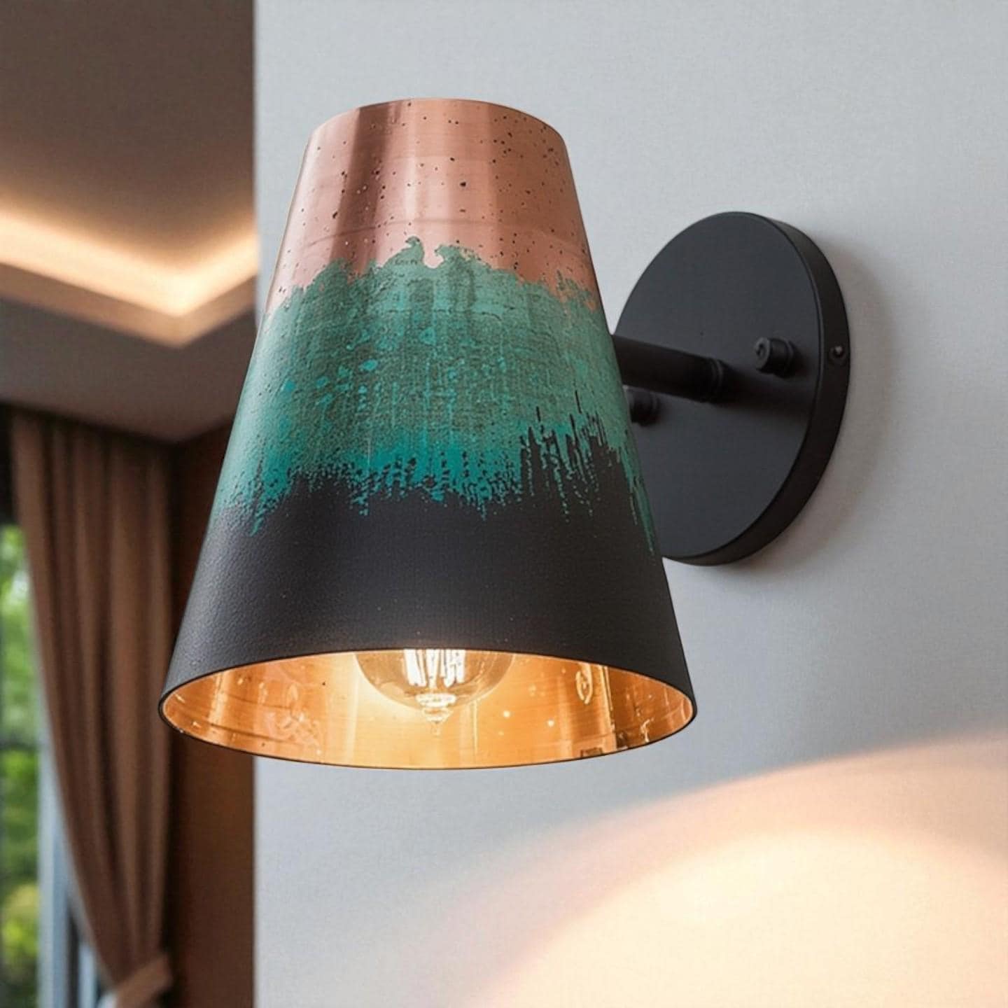Handmade Copper Wall Sconce Patina Finish - Rustic Modern Artisan Light