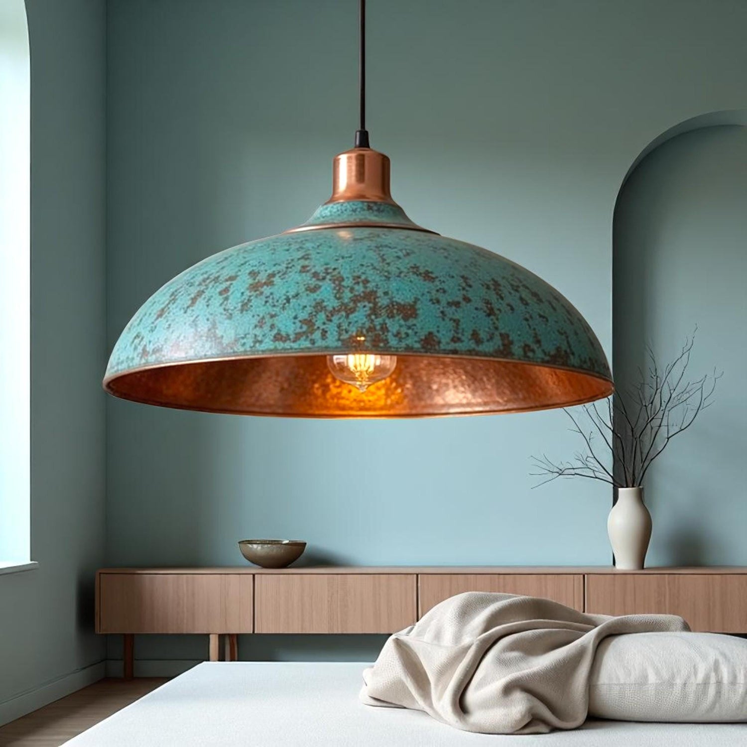 Handmade Green Patina Copper Dome Pendant Light: Rustic Artisan Lamp