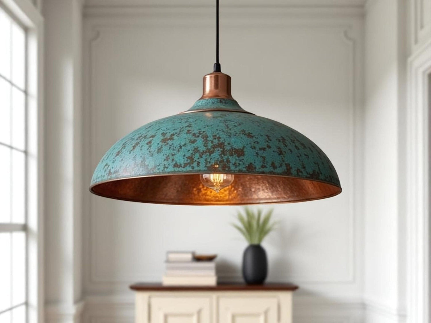 Handmade Green Patina Copper Dome Pendant Light: Rustic Artisan Lamp