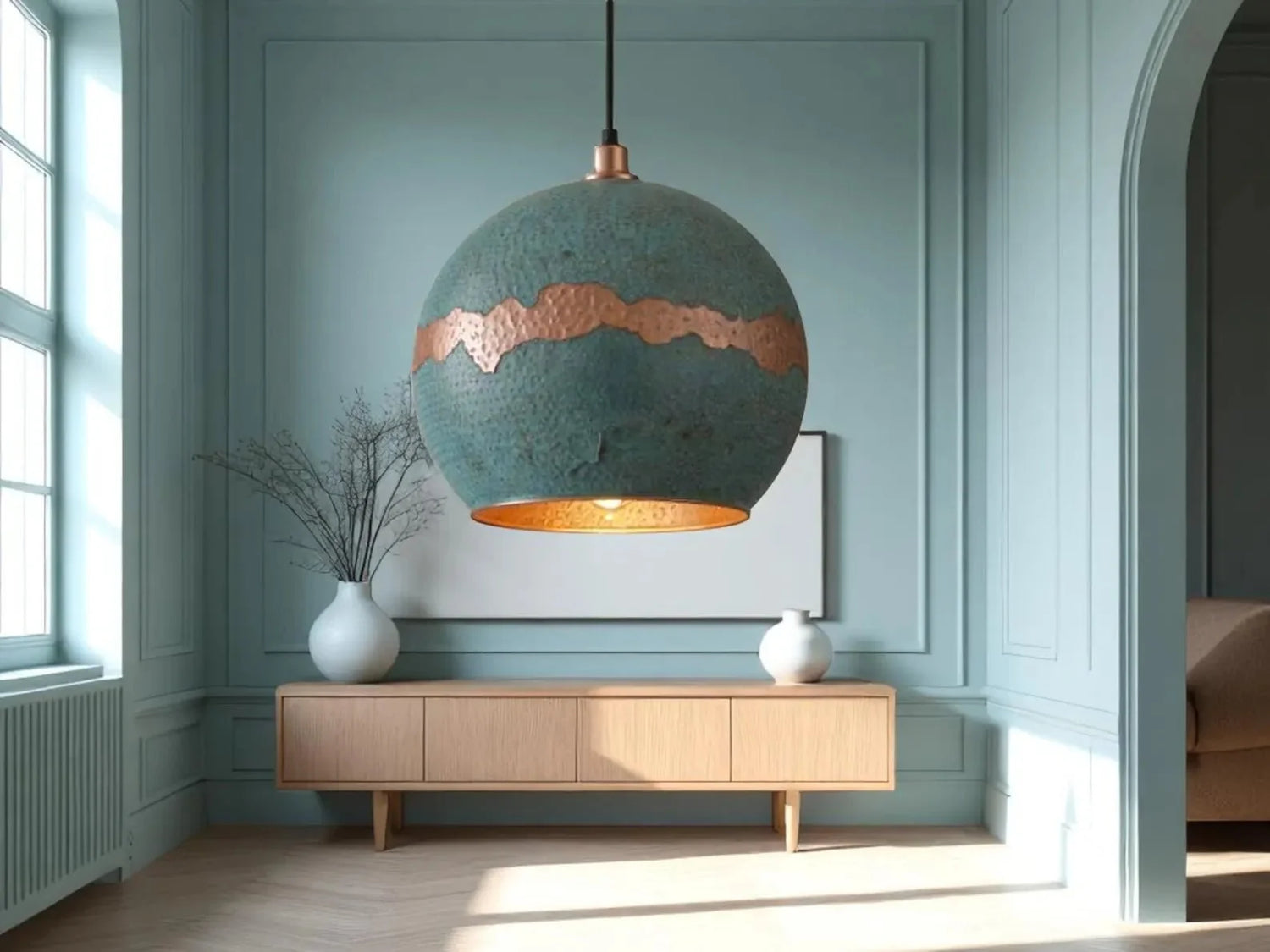 Handmade Green Patina Copper Pendant Light - Moroccan Boho Decor