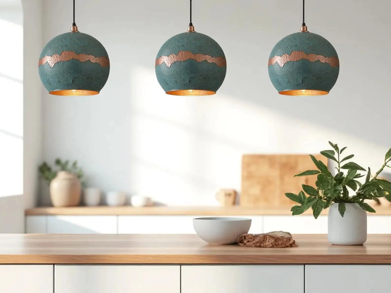 Handmade Green Patina Copper Pendant Light - Moroccan Boho Decor
